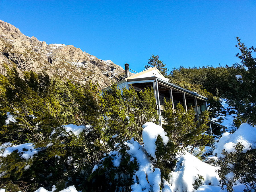 Pinnacles Hut in the snow.