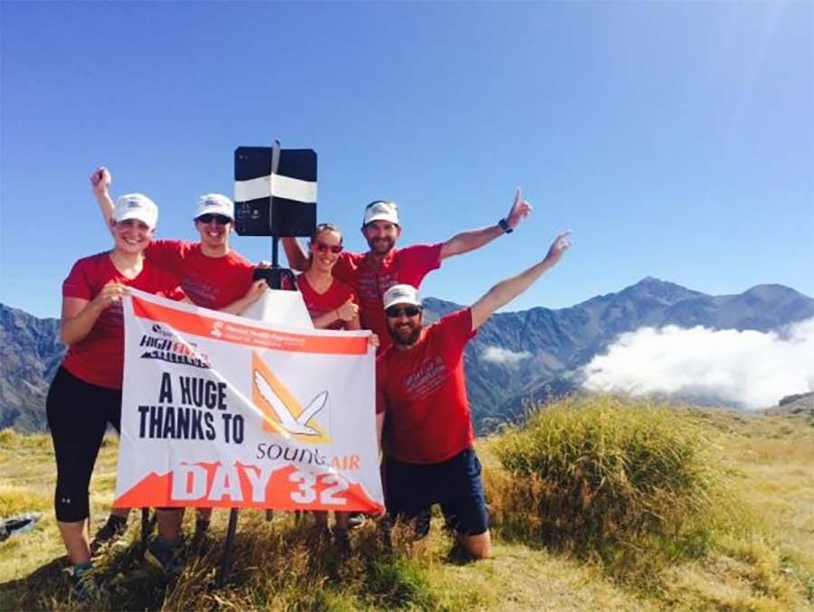 The team (L-R; Amanda, me, Caralyn, Mal and Tony) a the summit of Mt Fyffe (1602m). Photo: High50.org.nz, Manakau (2608m) in the background.